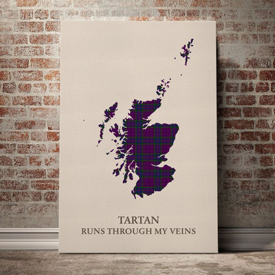 Clan Wardlaw Tartan Scotland Map Canvas “Tartan Runs Through My Veins” Wall Art KK25