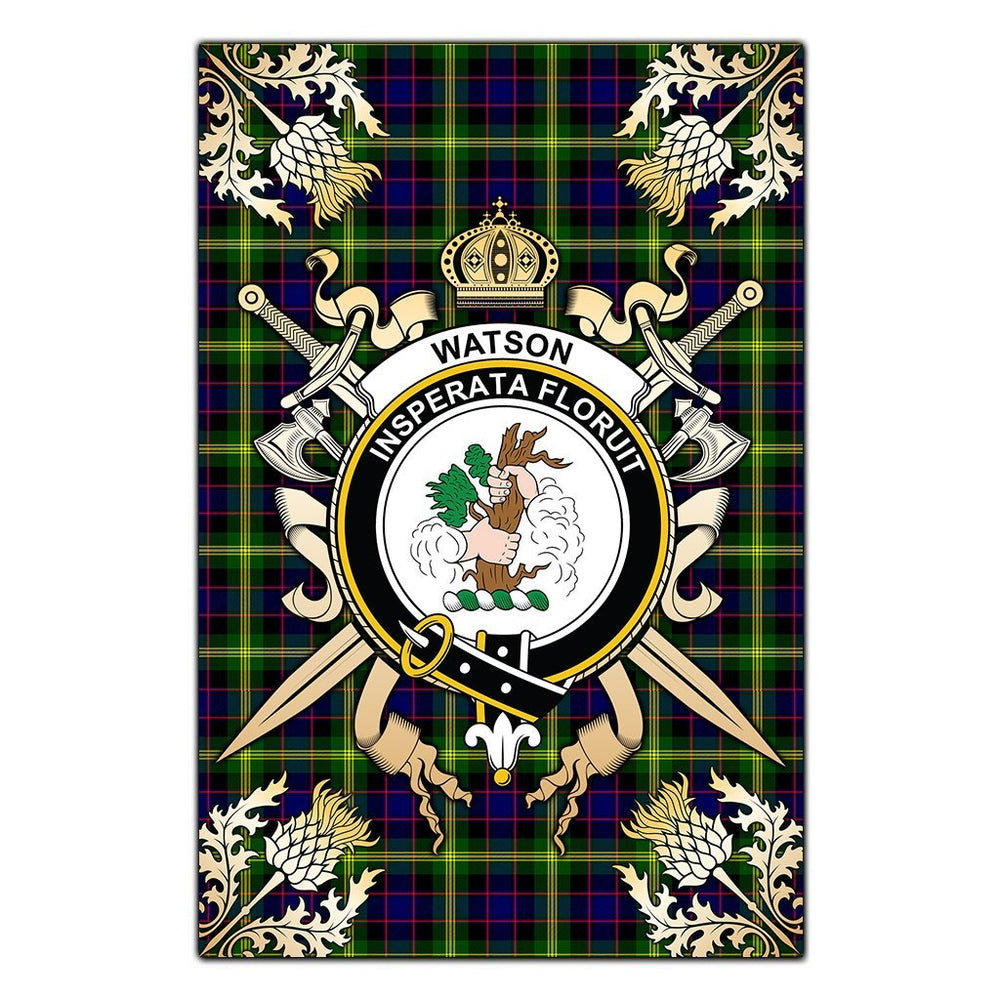 Clan Watson Modern Tartan Crest Black Garden Flag - Gold Thistle WJ36 Clan Watson Tartan Today