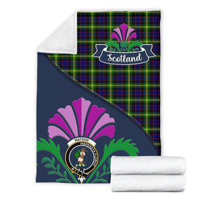 Clan Watson Tartan Crest Premium Blanket Thistle Style BW94