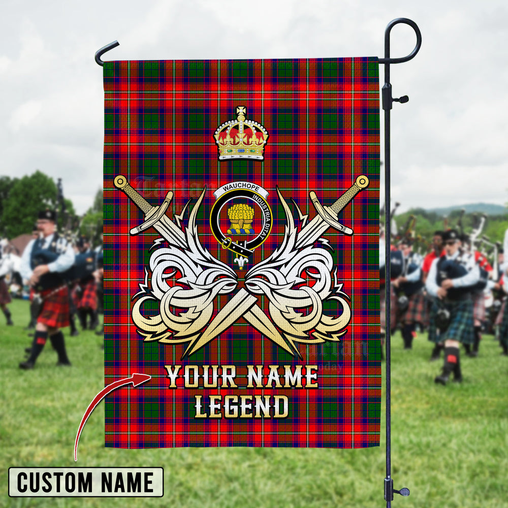Personalized Custom Name Clan Wauchope Tartan Garden Flag with Clan Crest and the Golden Sword of Courageous Legacy SQ43 - Wauchope Tartan Design, Scottish Heritage Gift