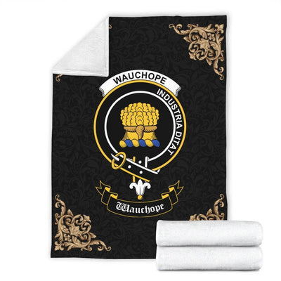 Clan Wauchope (or Waugh) Crest Tartan Premium Blanket Black TB47