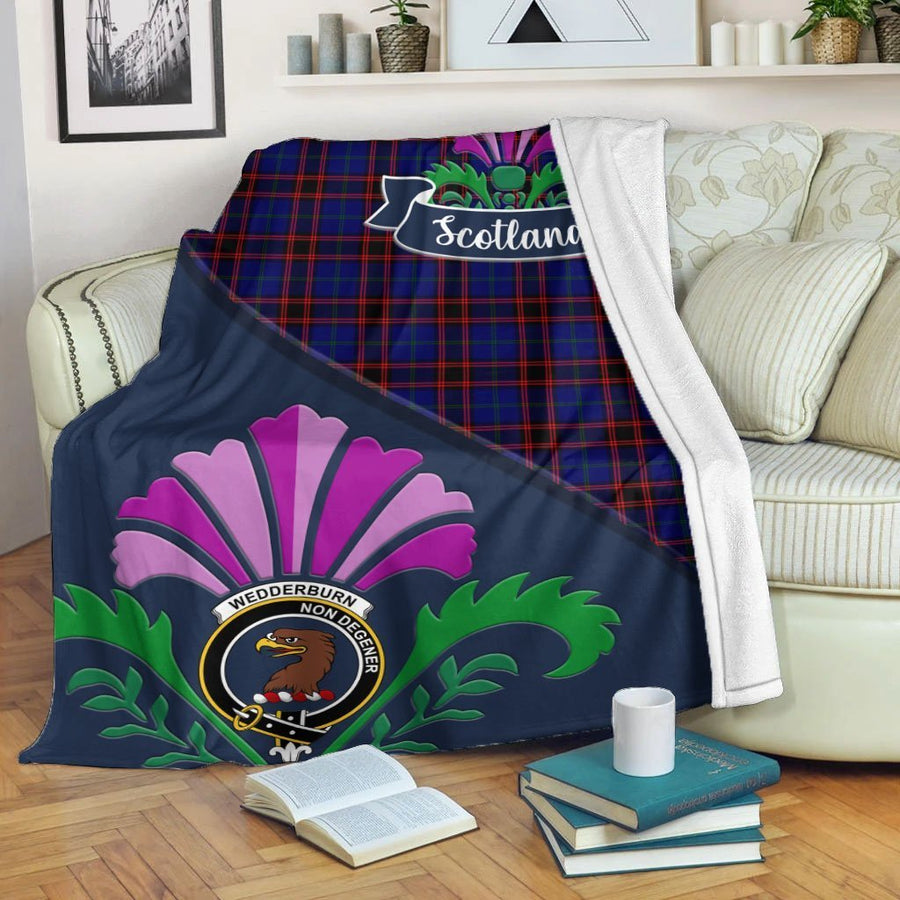 Clan Wedderburn Tartan Crest Premium Blanket Thistle Style