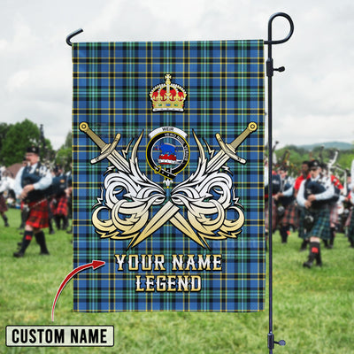 Custom Name Clan Weir Ancient Tartan Garden Flag with Clan Crest and the Golden Sword of Courageous Legacy