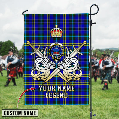 Custom Name Clan Weir Modern Tartan Garden Flag with Clan Crest and the Golden Sword of Courageous Legacy