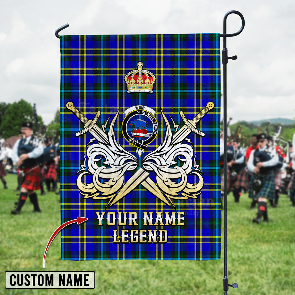 Personalized Custom Name Clan Weir Modern Tartan Garden Flag with Clan Crest and the Golden Sword of Courageous Legacy PM48 - Weir Modern Tartan Design, Scottish Heritage Gift