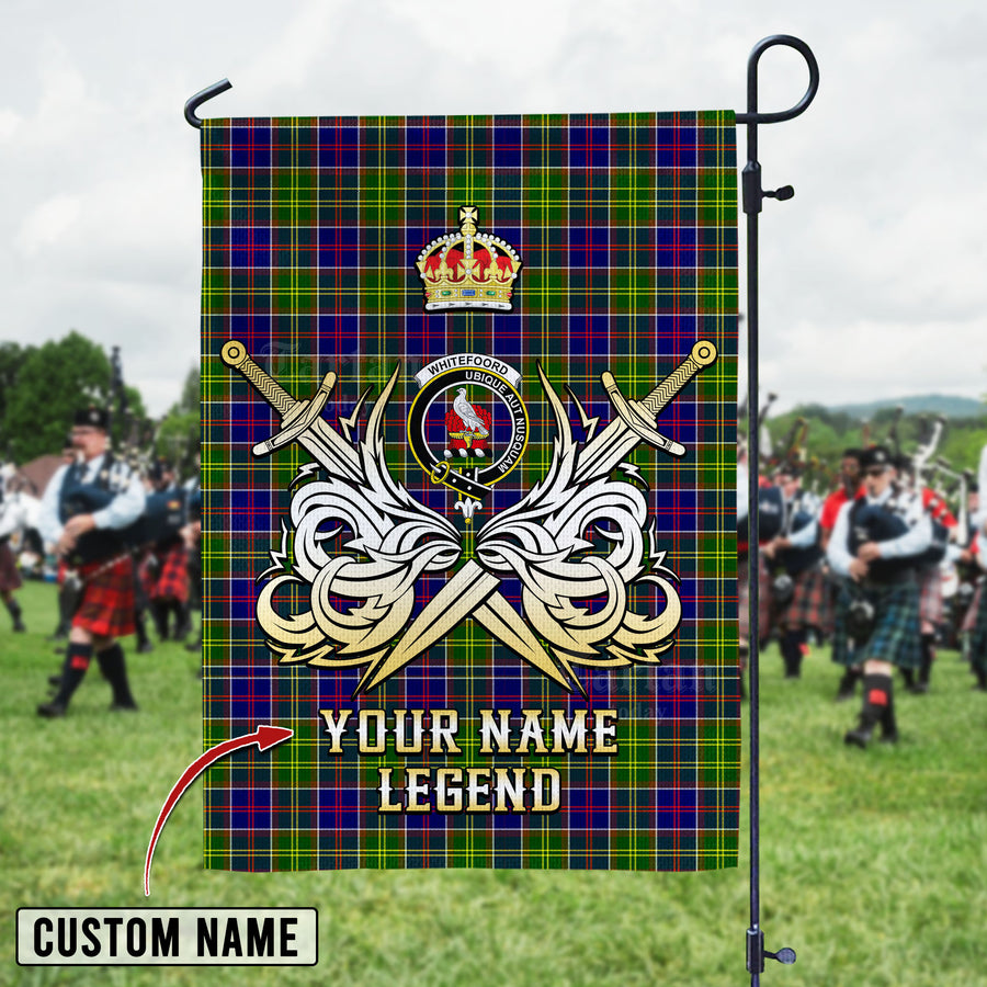 Personalized Custom Name Clan Whitefoord Tartan Garden Flag with Clan Crest and the Golden Sword of Courageous Legacy MB64 - Whitefoord Tartan Design, Scottish Heritage Gift