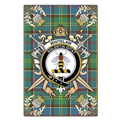 Clan Whitelaw Tartan Crest Black Garden Flag - Gold Thistle