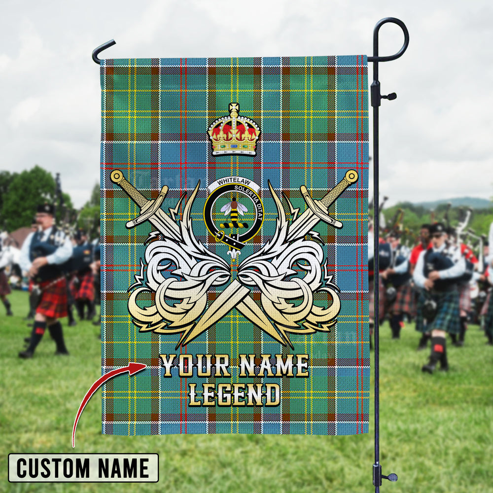 Personalized Custom Name Clan Whitelaw Tartan Garden Flag with Clan Crest and the Golden Sword of Courageous Legacy WJ67 - Whitelaw Tartan Design, Scottish Heritage Gift