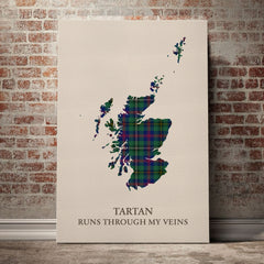 Wood Modern Tartan Scotland Map Canvas – “Tartan Runs Through My Veins” Wall Art