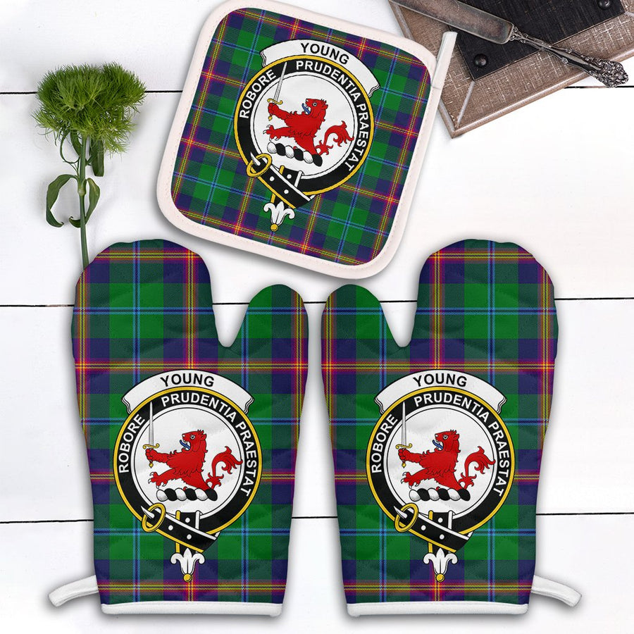 Clan Young Modern Tartan Crest Oven Mitt And Pot Holder (2 Oven Mitts + 1 Pot Holder)
