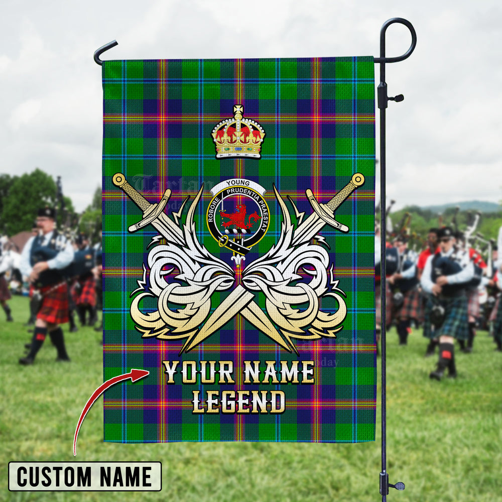 Personalized Custom Name Clan Young Modern Tartan Garden Flag with Clan Crest and the Golden Sword of Courageous Legacy GL21 - Young Modern Tartan Design, Scottish Heritage Gift