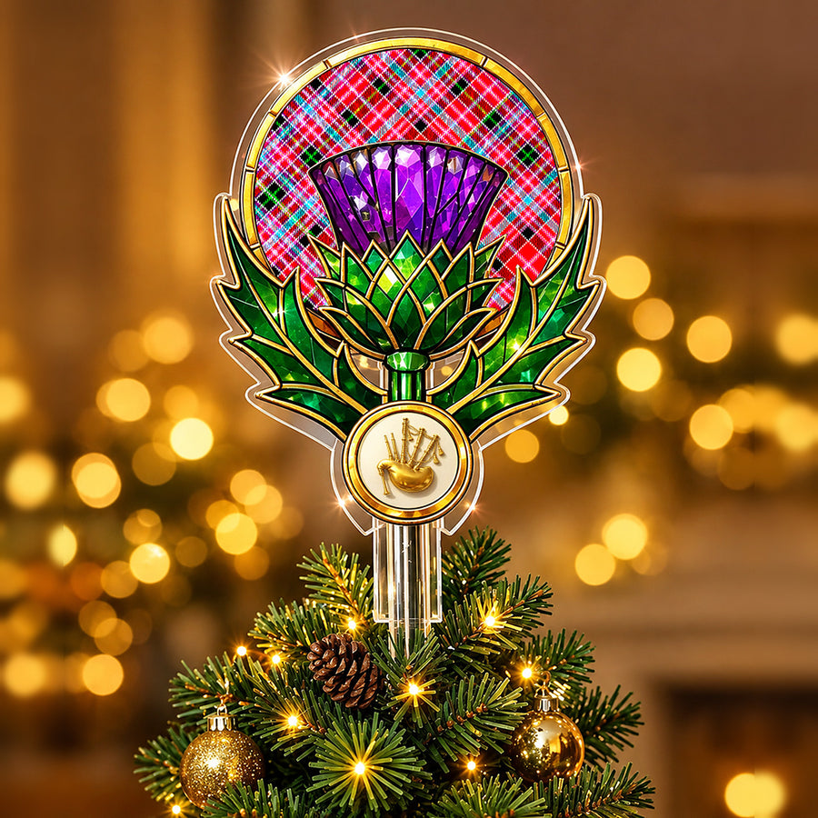 Stained-glass style thistle Christmas tree topper with a gold bagpipe emblem and the Aberdeen District tartan behind the thistle