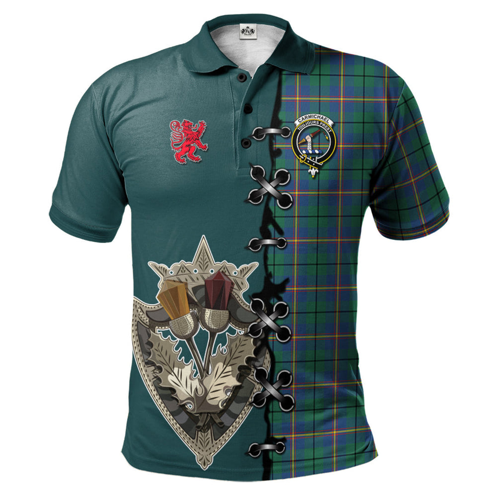 Clan Carmichael Ancient Tartan Polo Shirt - Lion Rampant And Celtic Thistle Style DN85 Carmichael Ancient Tartan Tartan Polo