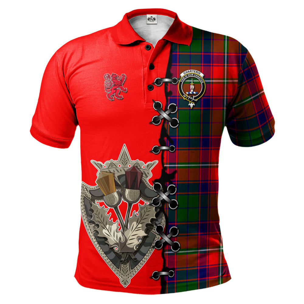 Clan Charteris Tartan Polo Shirt - Lion Rampant And Celtic Thistle Style IY85 Charteris Tartan Tartan Polo