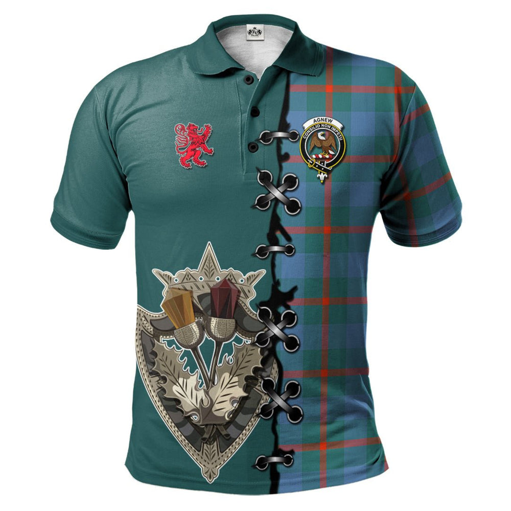 Clan Agnew Ancient Tartan Polo Shirt - Lion Rampant And Celtic Thistle Style QI96 Agnew Ancient Tartan Tartan Polo