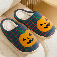 Clan Agnew Modern Tartan Halloween Pumpkin Slippers, Fluffy Spooky Slippers HK75 Agnew Modern Tartan Tartan Halloween