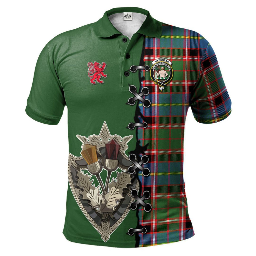 Clan Aikenhead Tartan Polo Shirt - Lion Rampant And Celtic Thistle Style RE43 Aikenhead Tartan Tartan Polo