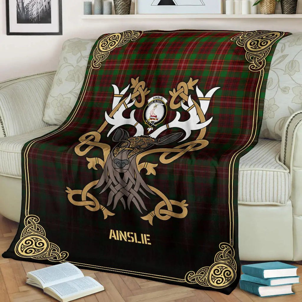 Clan Ainslie Tartan Crest Premium Blanket Celtic Stag Style EX54 Clan Ainslie Tartan Today