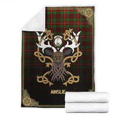 Clan Ainslie Tartan Crest Premium Blanket Celtic Stag Style EX54 Clan Ainslie Tartan Today