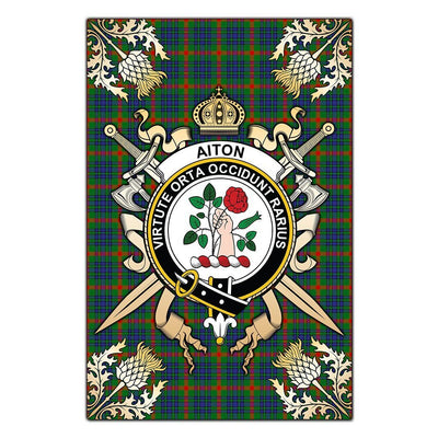 Clan Aiton Tartan Crest Black Garden Flag - Gold Thistle