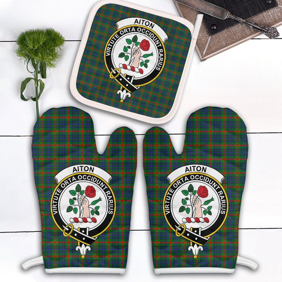 Clan Aiton Tartan Crest Oven Mitt And Pot Holder (2 Oven Mitts + 1 Pot Holder)