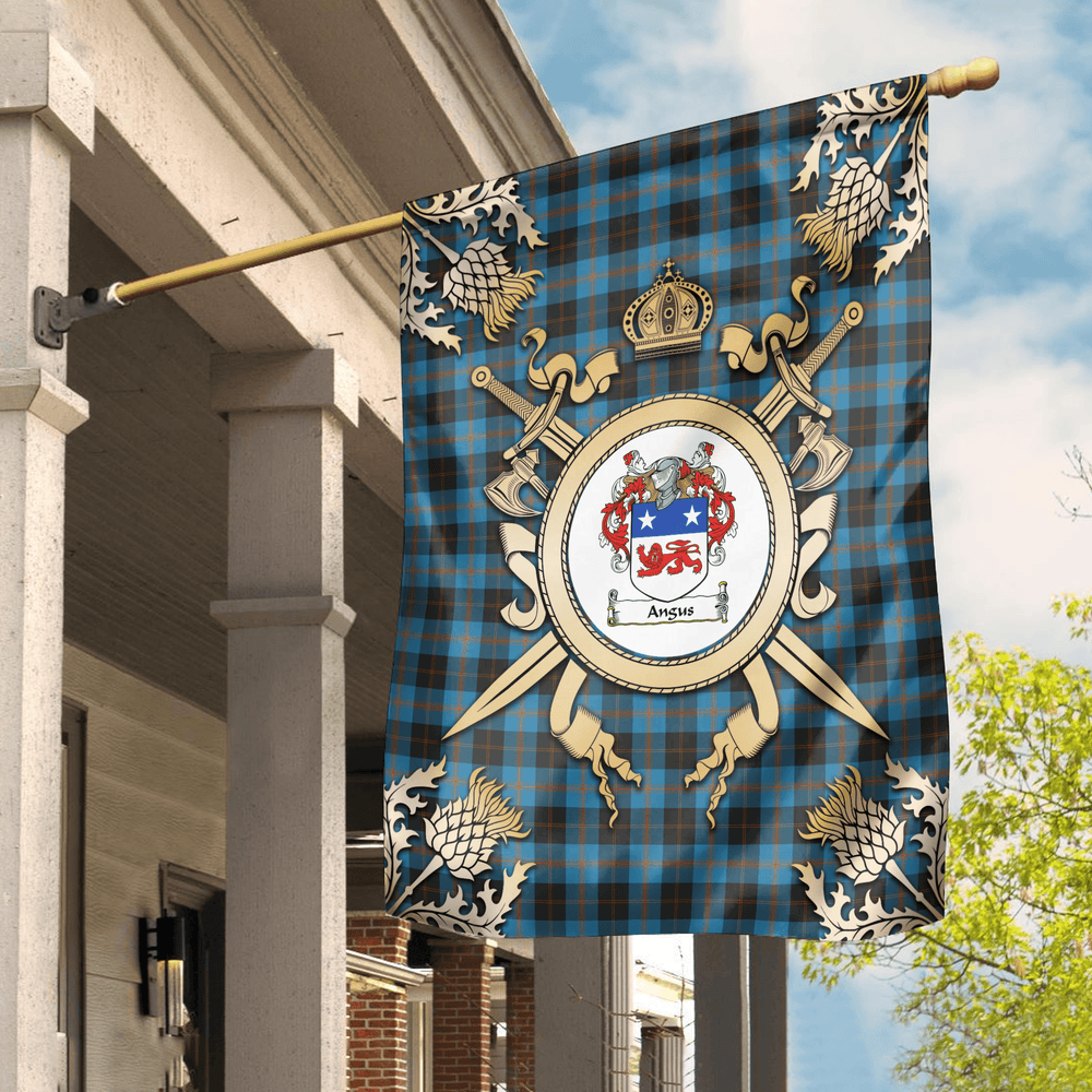 Clan Angus Ancient Tartan Crest Black Garden Flag - Gold Thistle QH54 Clan Angus Tartan Today