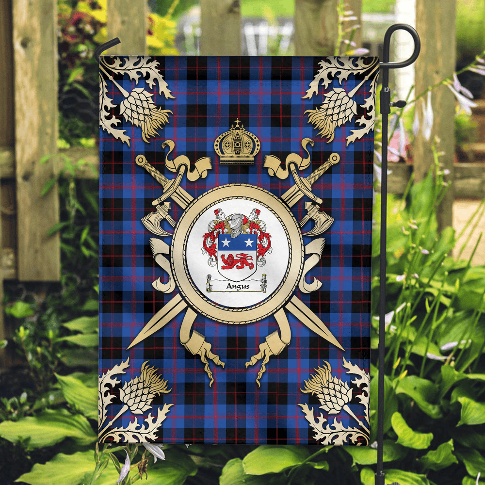 Clan Angus Modern Tartan Crest Black Garden Flag - Gold Thistle PY95 Clan Angus Tartan Today