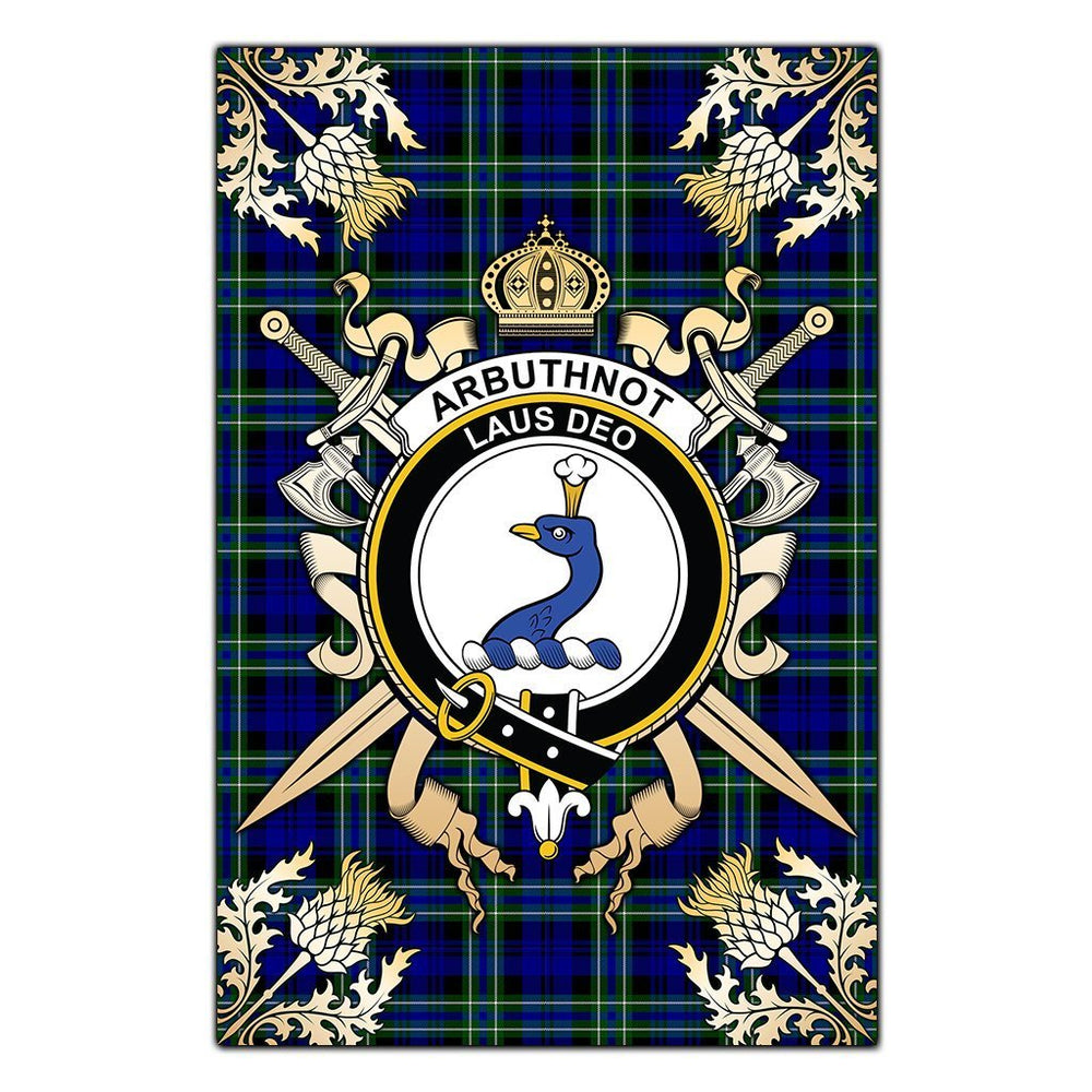 Clan Arbuthnot Modern Tartan Crest Black Garden Flag - Gold Thistle QW80 Clan Arbuthnot Tartan Today