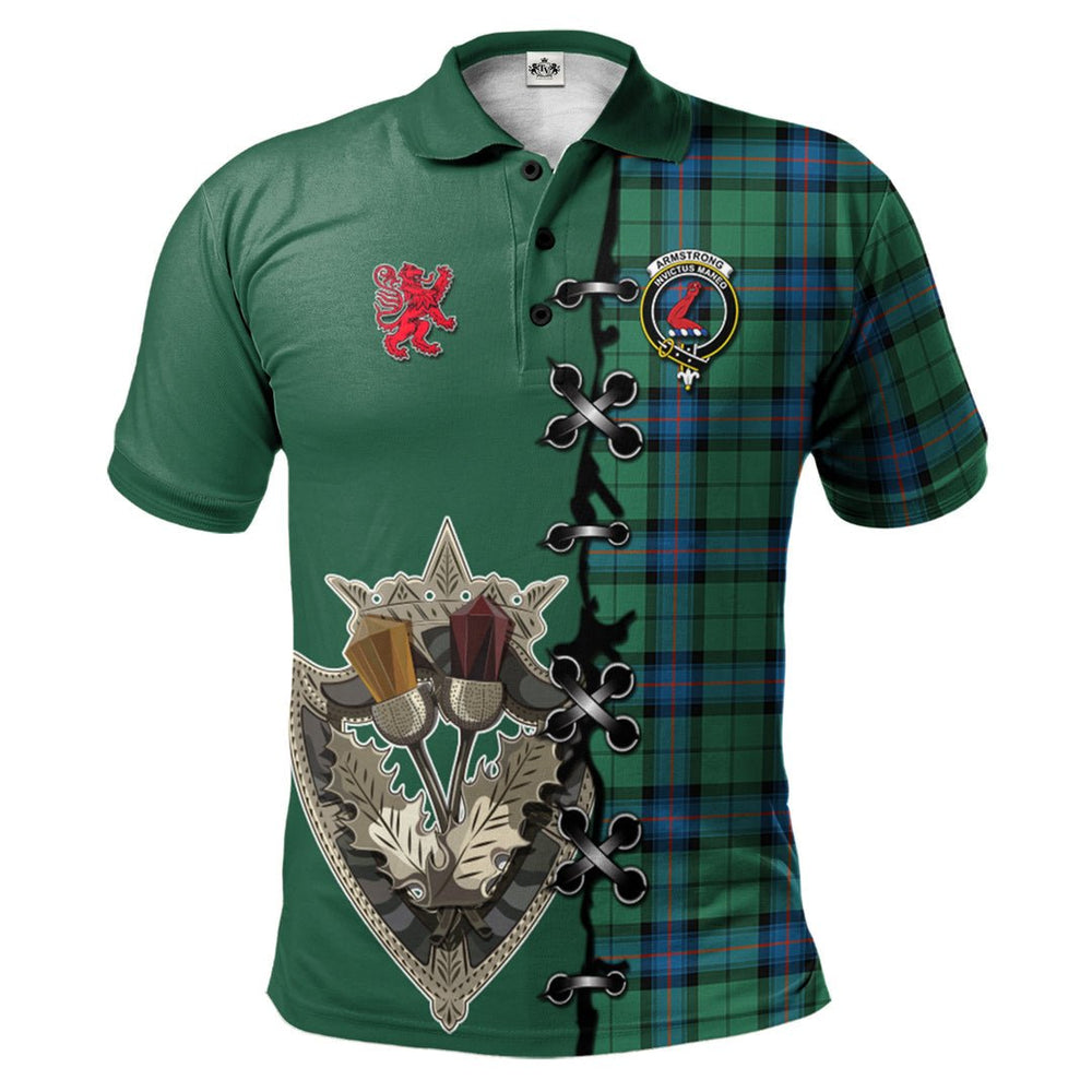 Clan Armstrong Ancient Tartan Polo Shirt - Lion Rampant And Celtic Thistle Style SZ58 Armstrong Ancient Tartan Tartan Polo