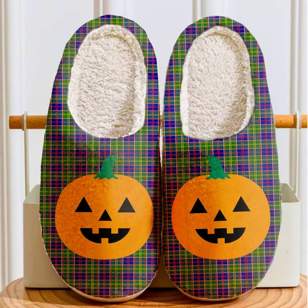 Clan Ayrshire District Tartan Halloween Pumpkin Slippers, Fluffy Spooky Slippers SO32 Ayrshire District Tartan Tartan Halloween