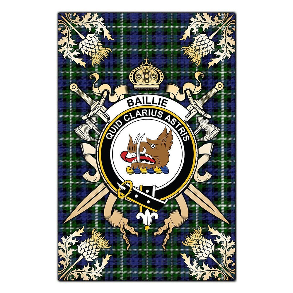 Clan Baillie Modern Tartan Crest Black Garden Flag - Gold Thistle UB22 Clan Baillie Tartan Today