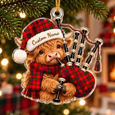 Clan Bain Tartan Piper Highland Cow Ornament with Custom Name