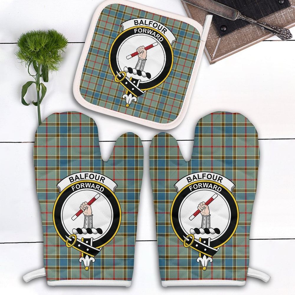 Clan Balfour Blue Tartan Crest Oven Mitt And Pot Holder (2 Oven Mitts + 1 Pot Holder) VD52 Clan Balfour Tartan Today