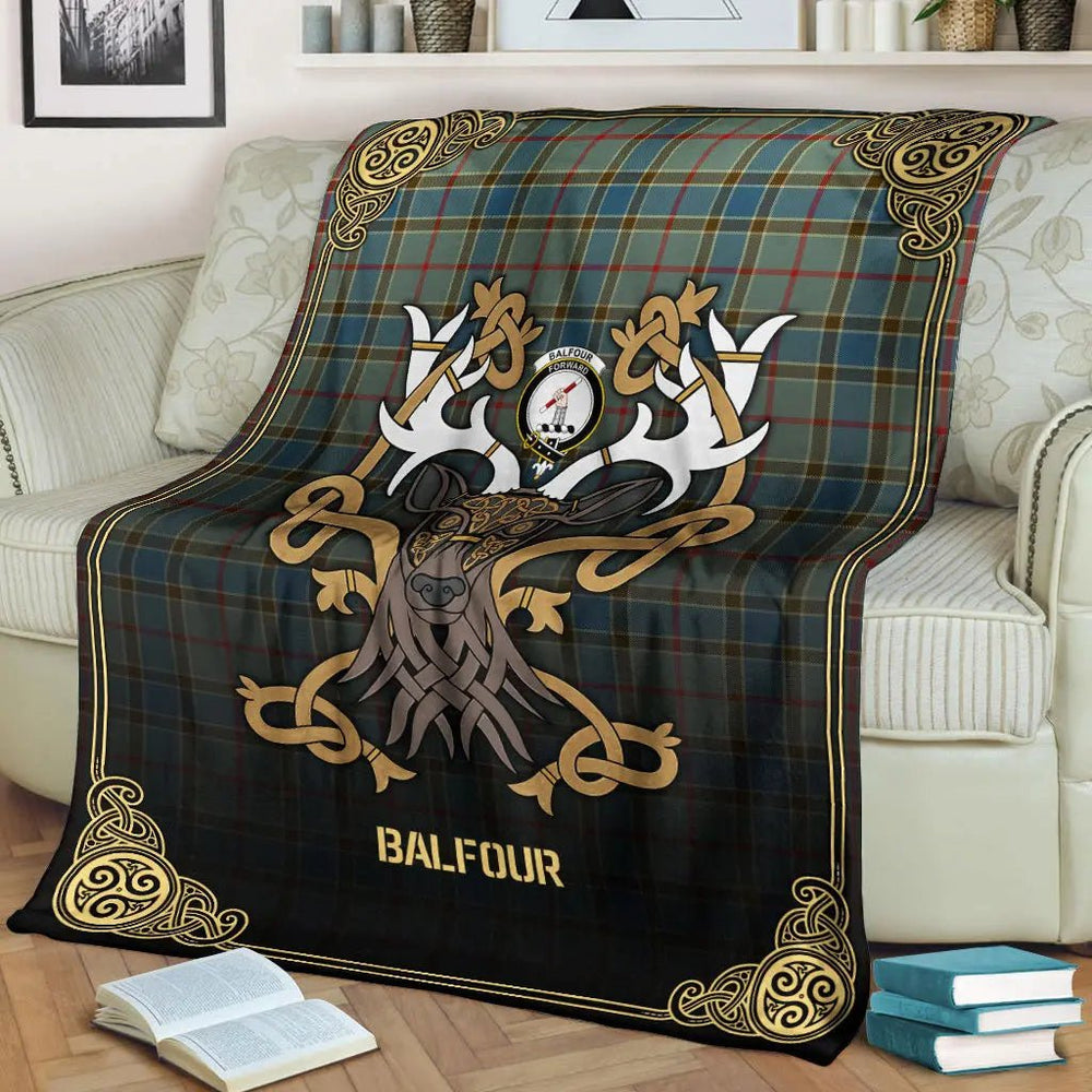 Clan Balfour Blue Tartan Crest Premium Blanket Celtic Stag Style PT59 Clan Balfour Tartan Today
