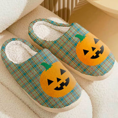 Clan Balfour Blue Tartan Halloween Pumpkin Slippers, Fluffy Spooky Slippers XH54 Balfour Blue Tartan Tartan Halloween