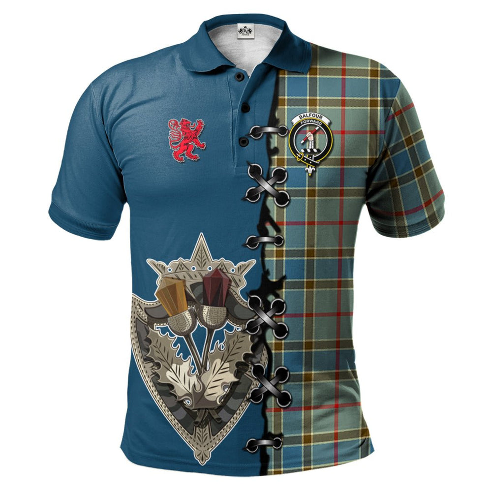 Clan Balfour Blue Tartan Polo Shirt - Lion Rampant And Celtic Thistle Style ZC53 Balfour Blue Tartan Tartan Polo