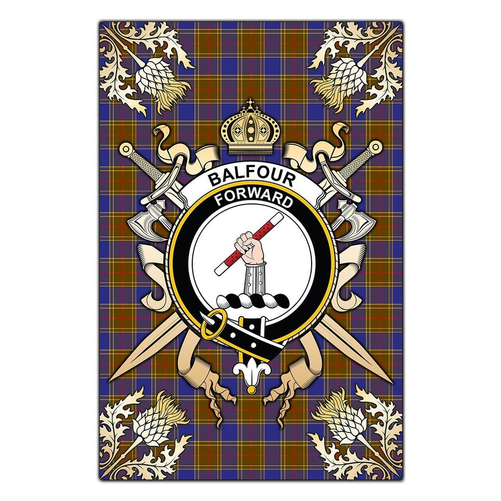Clan Balfour Modern Tartan Crest Black Garden Flag - Gold Thistle WV44 Clan Balfour Tartan Today