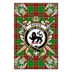 Clan Baxter Modern Tartan Crest Black Garden Flag - Gold Thistle QC24 Clan Baxter Tartan Today