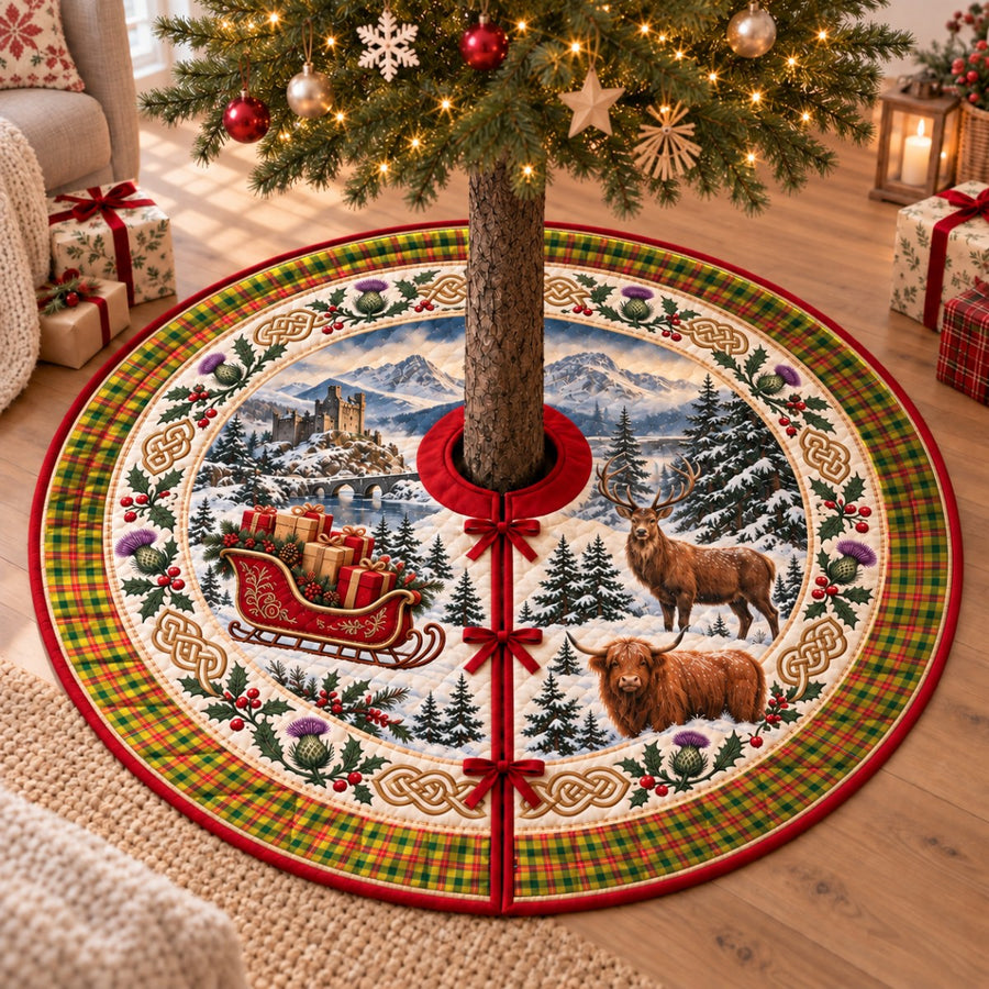 Baxter tartan Christmas tree skirt with a Scottish Highland scene, stag, Highland cow and thistles under a Christmas tree