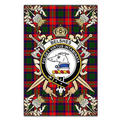 Clan Belshes Tartan Crest Black Garden Flag - Gold Thistle