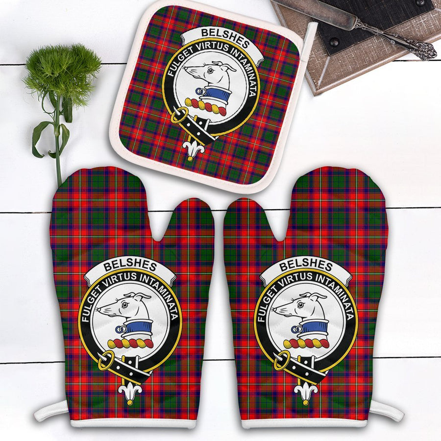 Clan Belshes Tartan Crest Oven Mitt And Pot Holder (2 Oven Mitts + 1 Pot Holder)