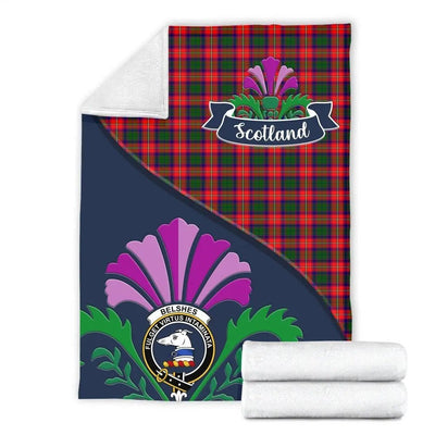 Clan Belshes Tartan Crest Premium Blanket Thistle Style