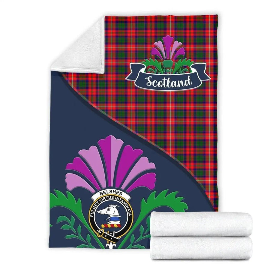 Clan Belshes Tartan Crest Premium Blanket Thistle Style