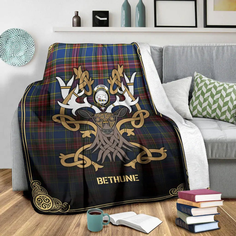 Clan Bethune Modern Tartan Crest Premium Blanket Celtic Stag Style JV74 Clan Bethune Tartan Today