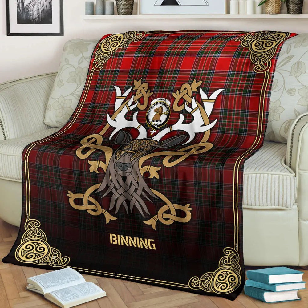 Clan Binning (of Wallifoord) Tartan Crest Premium Blanket Celtic Stag Style FN21 Clan Binning Tartan Today