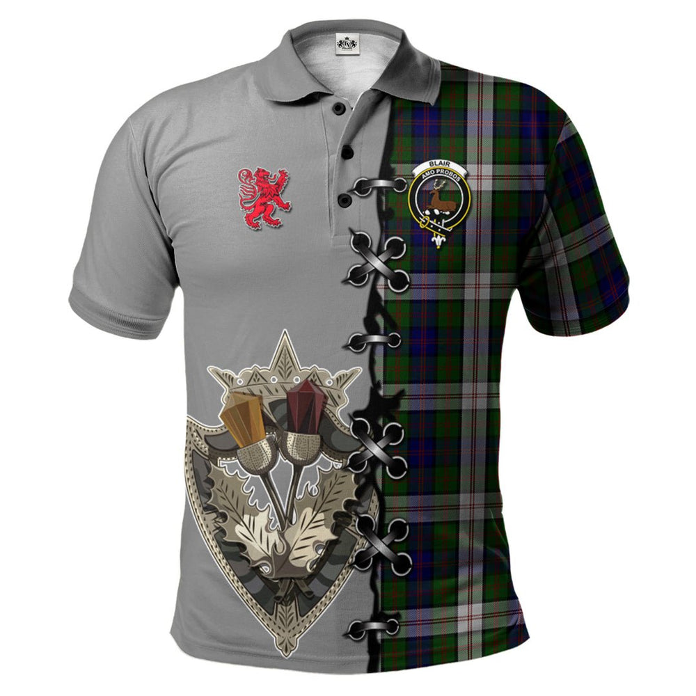 Clan Blair Dress Tartan Polo Shirt - Lion Rampant And Celtic Thistle Style FF65 Blair Dress Tartan Tartan Polo