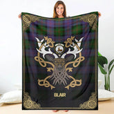 Clan Blair Modern Tartan Crest Premium Blanket Celtic Stag Style FF15 Clan Blair Tartan Today