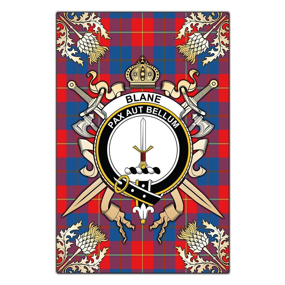 Clan Blane Tartan Crest Black Garden Flag - Gold Thistle MI21 Clan Blane Tartan Today