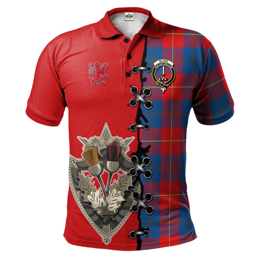 Clan Blane Tartan Polo Shirt - Lion Rampant And Celtic Thistle Style VV94 Blane Tartan Tartan Polo