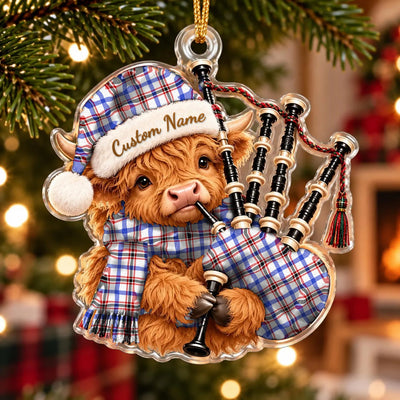 Clan Boswell Modern Tartan Piper Highland Cow Ornament with Custom Name